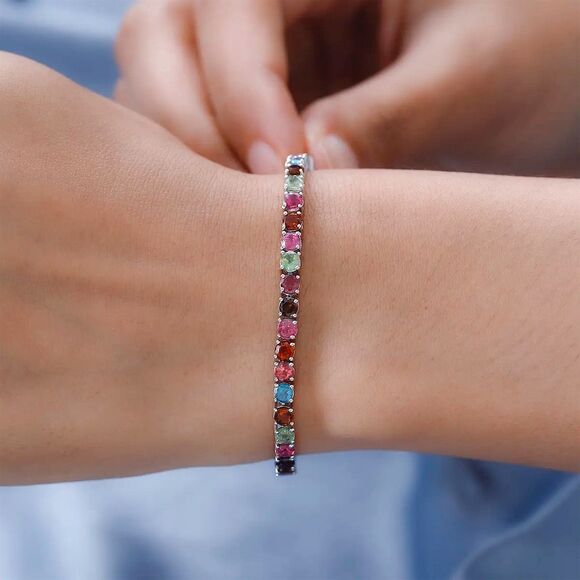 Elegant Silver-Plated Multi-Color CZ Tennis Bracelet 7.25" with Secure Clasp - Picture 1 of 3